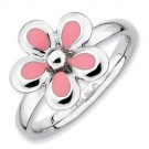 Silver stackable ring with enamel pink flower