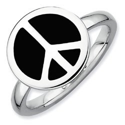 Silver stackable ring with enamel black peace sign
