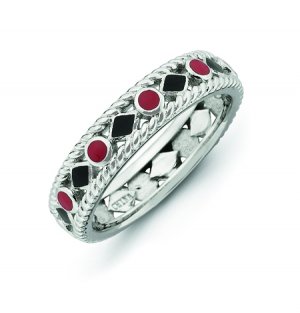 Silver stackable ring with enamel red and black