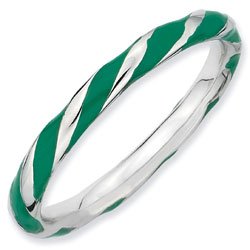 Silver stackable ring with enamel green