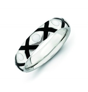 Silver stackable ring with black and white enamel