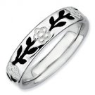Silver stackable ring with black enamel flowers