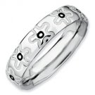 Silver stackable ring with black and white enamel flowers