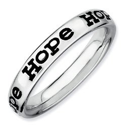 Silver stackable ring with black enamel "hope"