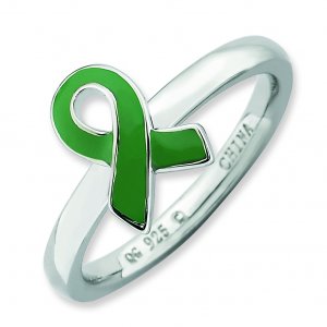 Silver stackable ring Green Enamel, Missing Children, or Environmental Ribbon