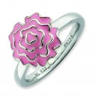 Silver stackable ring Pink Enamel Carnation; Flower of the Month of January