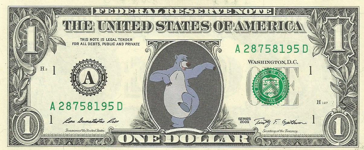 BALOO The Jungle Book Disney on REAL Dollar Bill Cash Money Bank Note ...