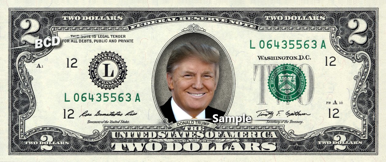 Donald Trump On A Real Two Dollar Bill Color 2 Cash Money Collectible Memorabilia Celebrity 