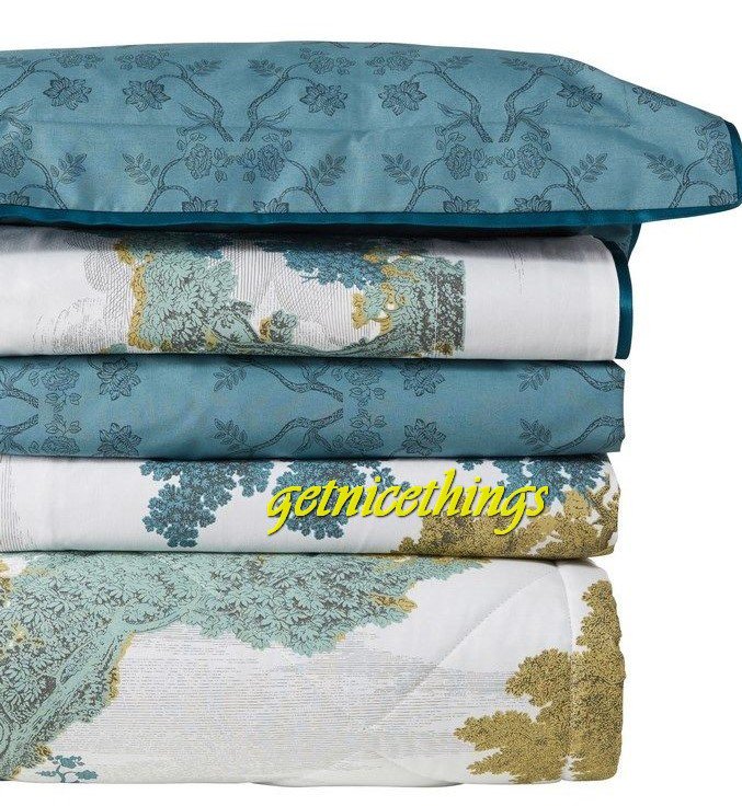 Yves Delorme Calicot Toile Floral Queen FItted Sheet White Teal Blue