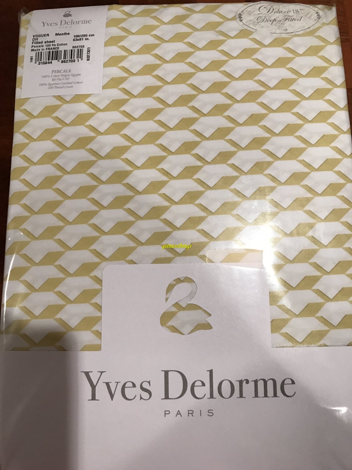 Yves Delorme Voguer Menthe Queen Fitted Sheet White Yellow Gold Graphic Cotton Percale New
