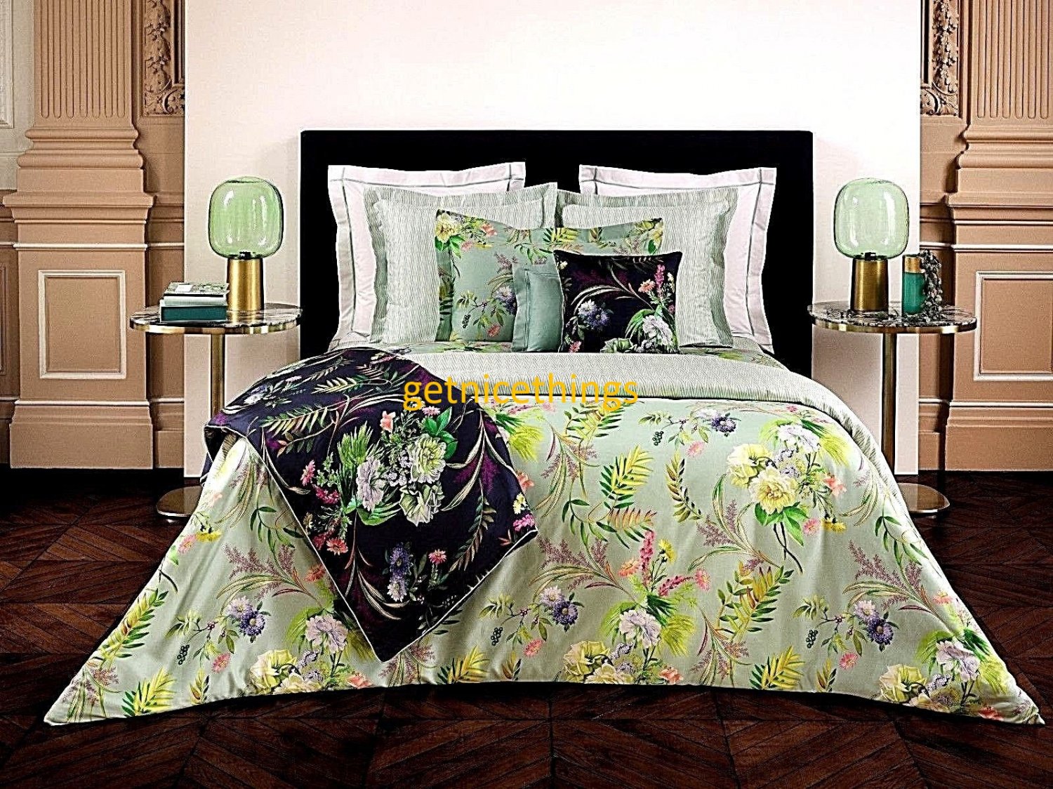 Yves Delorme Bouquets Floral Green Multi Duvet Cover 102x87" Super King