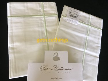 2 NEW Yves Delorme Athena Thevert Euro Shams Cases 26"x26" White Light Green Stripes 100% Cotton NWT