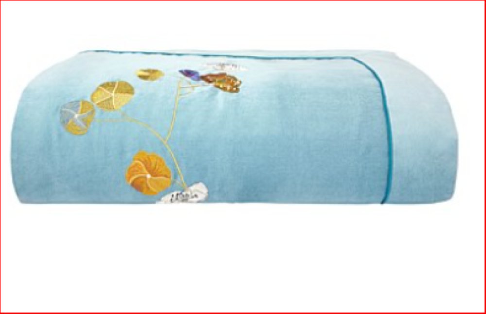 Yves Delorme Pavot Poppy Embroidery Cotton Velvet Counterpane Teal Blue