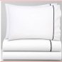New Pair Yves Delorme White 2 Standard Pillowcases Marine Blue Piping Organic Cotton Percale NWT
