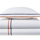 New Yves Delorme Dyade Sham Case 12x17" Navy Coral Ribbons Reverse White Organic Cotton France