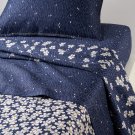 $450 Yves Delorme Nuit Blanche Queen Duvet Cover White Flowers Navy Blue Graphic Organic Sateen