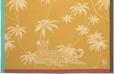 New Yves Delorme Tea Towel Leopard Palm Trees Cotton Jacquard Gold Yellow Multi France