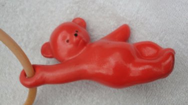 Vintage USSR Soviet Russian Baby Doll Rattle Toy Teddy Bear On Ring About 1970