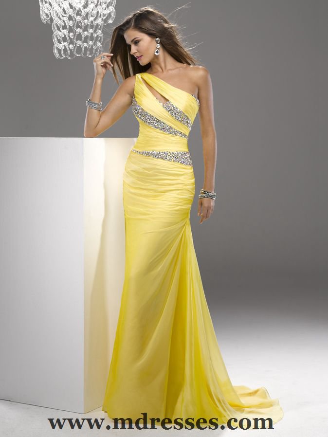 Elegant Mermaid One Shoulder Yellow Long Evening Prom Dresses Party ...