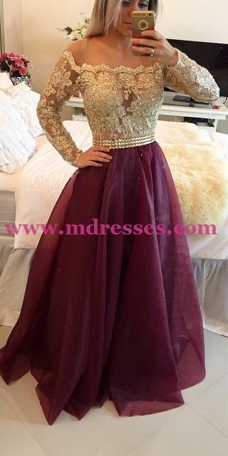 Long Sleeve Gold Lace Wedding Party Prom Evening Party Formal Dresses 25