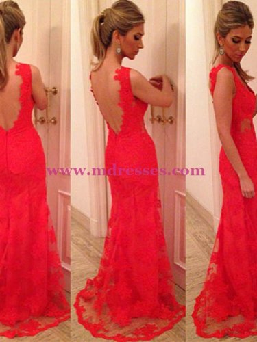 Sheath Lace Long Red Wedding Party Prom Evening Formal Dresses 70