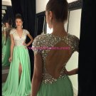 V-Neck Cap Sleeves Green Long Wedding Party Prom Evening Formal Dresses 73