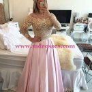 Long Sleeve Gold Lace Appliques Long Pink Wedding Party Prom Evening Formal Dresses 75