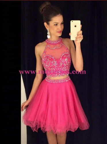 Two Pieces Hot Pink Beaded Prom Evening Formal Dresses 84