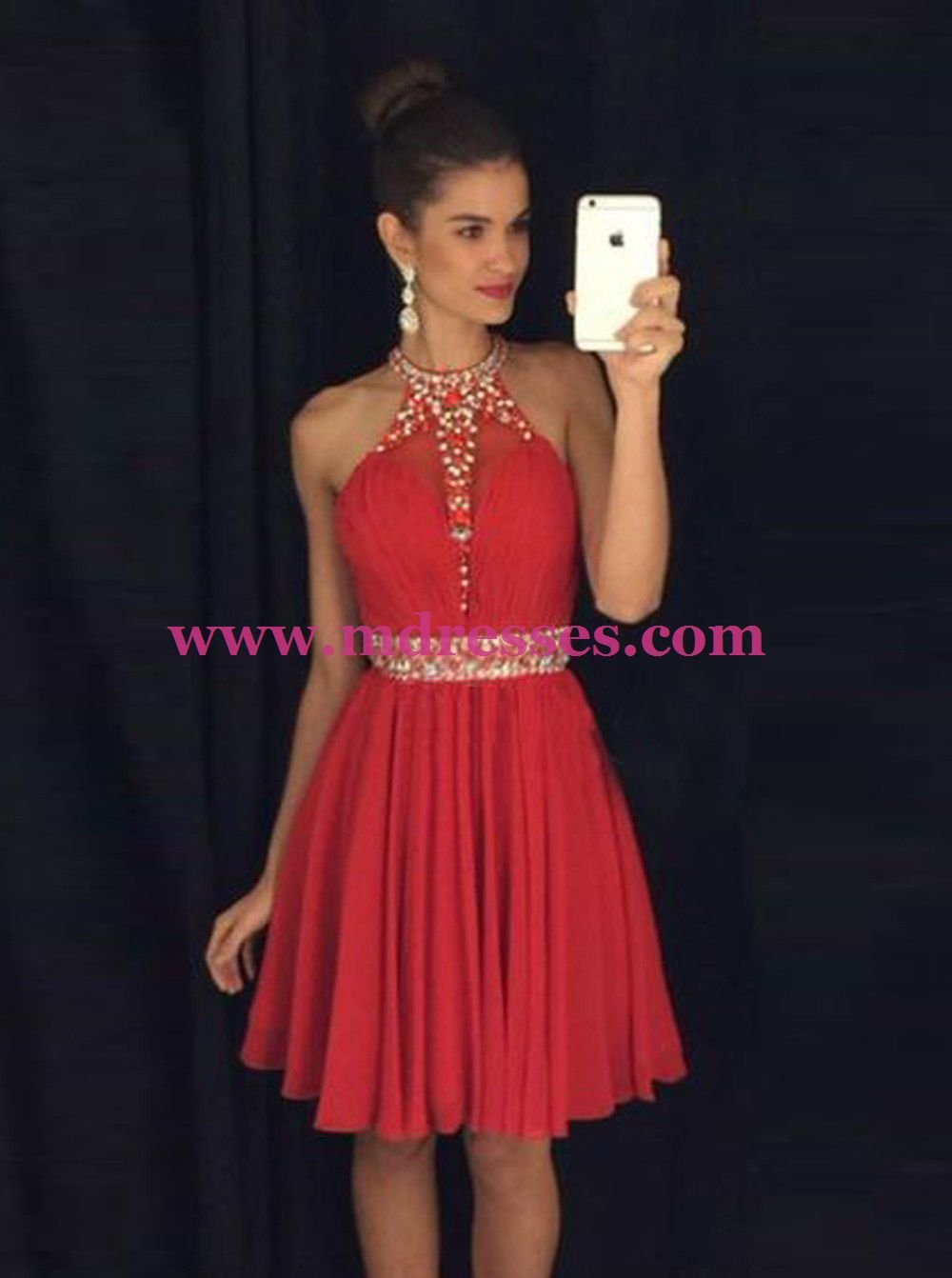 A-Line Short Beaded Chiffon Red Prom Evening Cocktail Homecoming Dresses 86