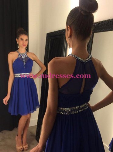 A-Line Short Beaded Chiffon Blue Prom Evening Cocktail Homecoming Dresses 87