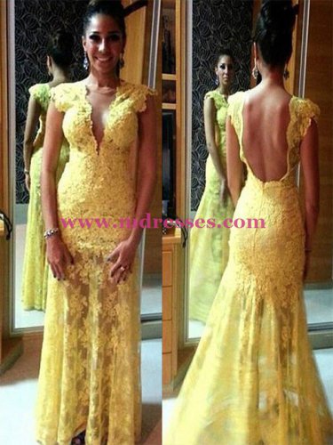 Long Yellow Lace Prom Evening Formal Dresses 91