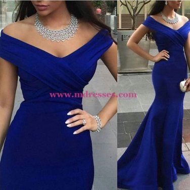 Trumpet/Mermaid Off-the-Shoulder Long Royal Blue Prom Evening Formal Dresses 95