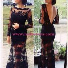 Long Sleeves Low V-Back Black Lace See Through Prom Evening Formal Dresses 98