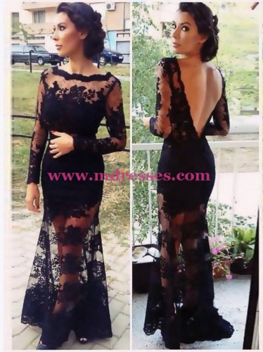 Long Sleeves Low V-Back Black Lace See Through Prom Evening Formal Dresses 98