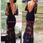 Long Sleeves Low V-Back Black Lace See Through Prom Evening Formal Dresses 98