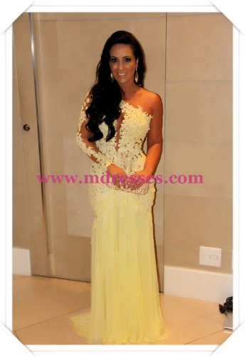 One Sleeve Long Yellow Lace Appliques See Through Prom Evening Formal Dresses 100