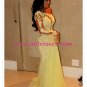 One Sleeve Long Yellow Lace Appliques See Through Prom Evening Formal Dresses 100