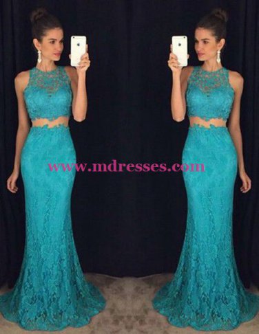 Trumpet/Mermaid Two Pieces Long Blue Lace Prom Evening Formal Dresses 103