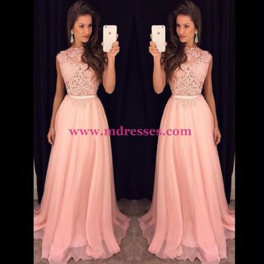A-Line Long Pink Lace Chiffon Prom Evening Formal Dresses 112