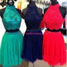 Beaded Two Pieces High Neck Short Prom Evening Cocktail Homecoming Dresses 114