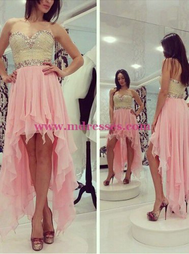 High Low Sweetheart Beaded Short Pink Chiffon Prom Evening Homecoming Cocktail Dresses 127