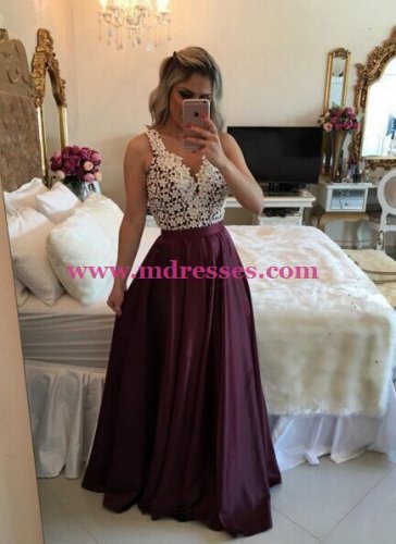 A-Line Straps Sleeveless See Through Back Lace Long Prom Evening Formal Dresses 131