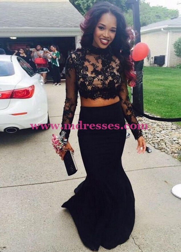 Black Two Pieces Long Sleeves Lace Top Long Prom Evening Formal Dresses 137