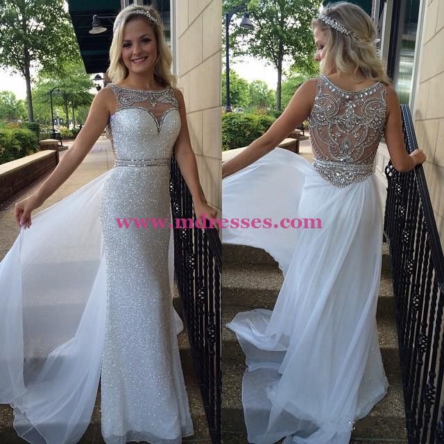 Beaded Sequins Long White Prom Evening Formal Dresses 138