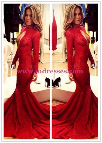Red Mermaid Lace Long Sexy High Neck Prom Evening Formal Dresses 144