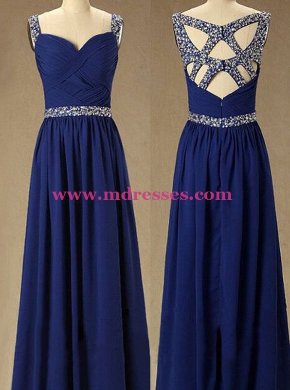 Long Royal Blue Beaded Straps Sleeveless Chiffon Prom Evening Formal Dresses 146