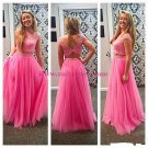 Two Pieces Lace Top Long Pink Prom Evening Formal Dresses 185