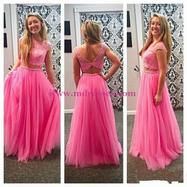 Two Pieces Lace Top Long Pink Prom Evening Formal Dresses 185