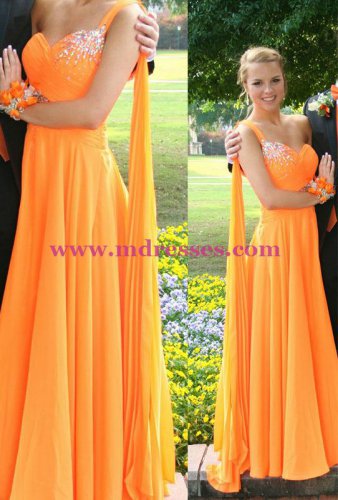 A-Line Beaded One-Shoulder Long Chiffon Prom Evening Formal Dresses 186