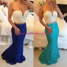 Blue White Lace Long Mermaid Prom Dresses Evening Gowns 202